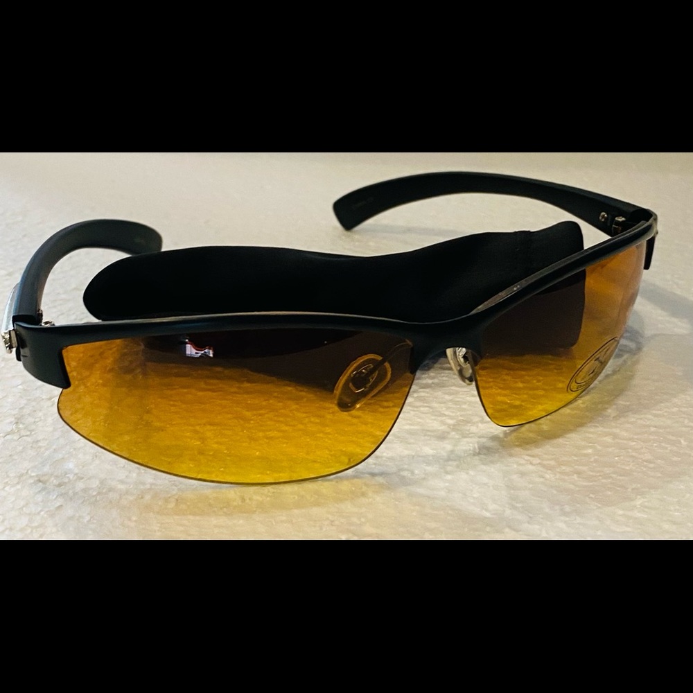Adult size XLoop semi rimless brown trimmed sunglasses.